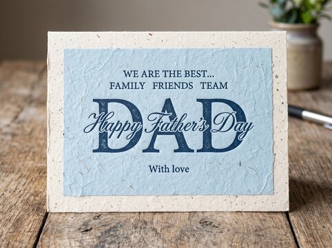 Happy Father's Day Greeting Card on Textured Paper Resting on a Rustic Wooden Table Surface
