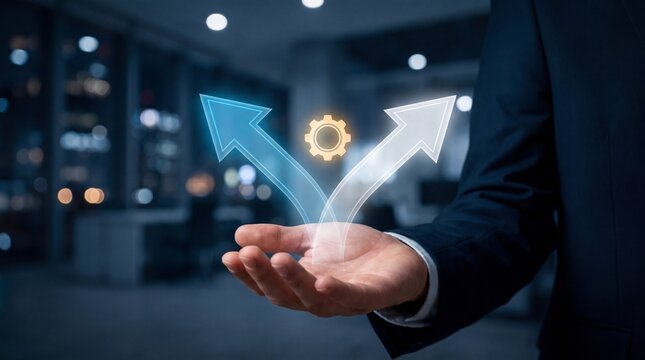Close up of businessman hand holding glowing split arrows for decision making, strategy, choice, and business direction concept