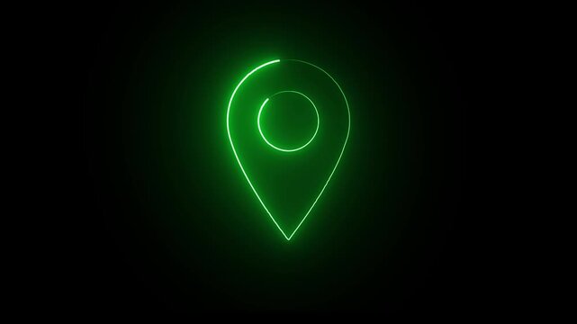 Glowing green neon map location pin icon animation on black background