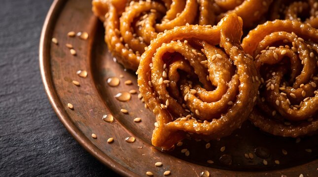 Close Up of Traditional Moroccan Chebakia Sweets Dripping with Honey and Sesame Seeds