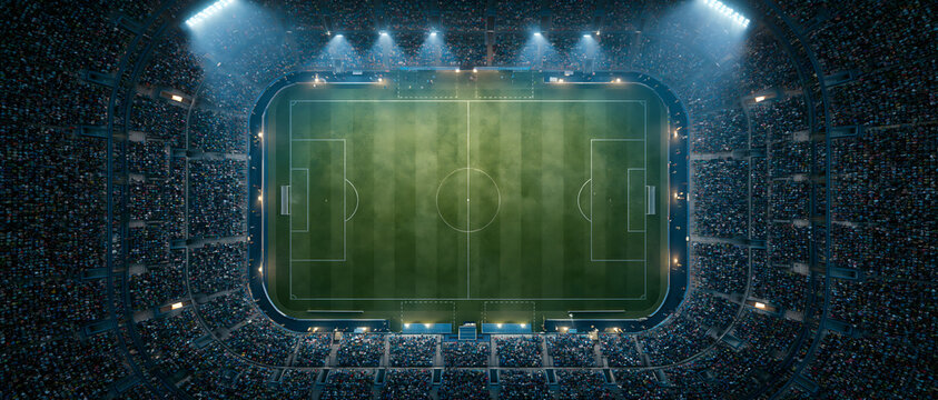 Soccer field with stadium seating aerial view with illuminated lights and spectators athletic association football bleachers bright competition daytime entertainment event markings floodlights