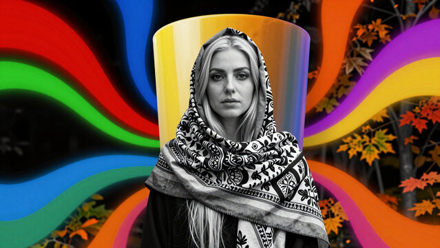 Person in patterned headscarf against vibrant rainbow and autumn foliage