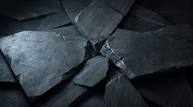 Abstract dark slate stone background with cracked tectonic plates grinding together in dramatic lighting