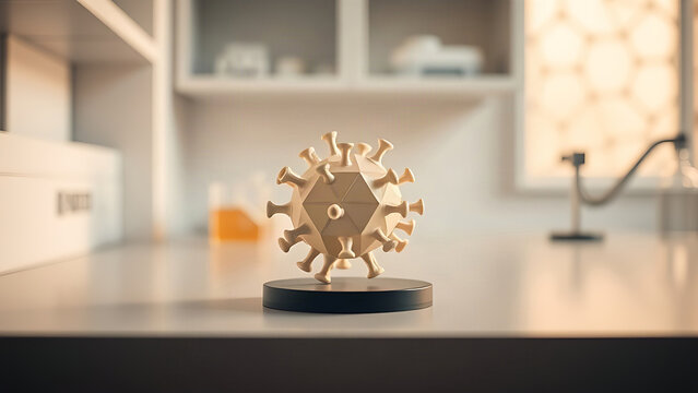 Geometric virus capsid model on minimal laboratory bench, scientific yet warm and accessible concept.