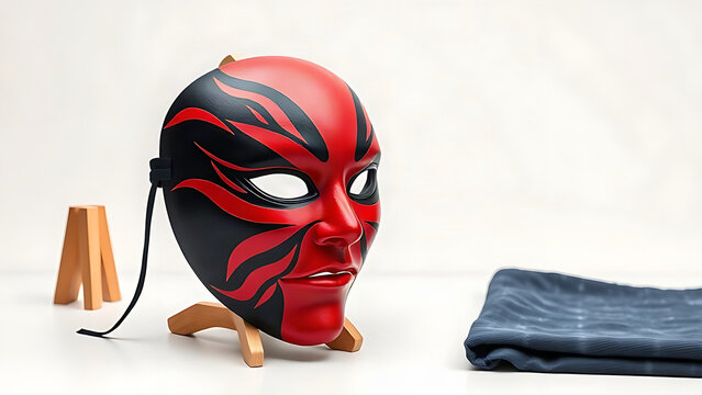 Kabuki kumadori mask with red and black lines, traditional Japanese theater and culture concept