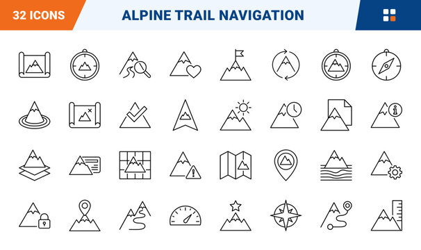 Mountain Map Web Icon Set in Linear Style. Collection of Alpine Navigation line icons, including trail map, location pin, compass rose, summit flag, route tracking, map scroll, topo chart and more.