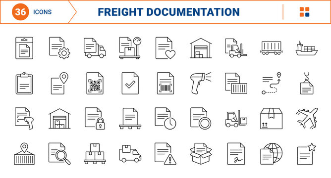 Consignment Note Freight Web Icon Set in Linear Style. Collection of Cargo Logistics line icons, including consignment note, freight container, delivery truck, shipping pallet, route map and more.