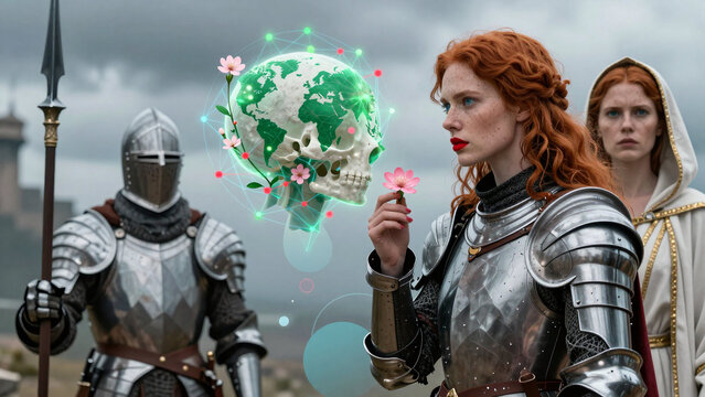 Medieval Armor and Digital Globe with Floral Elements