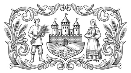 Fototapeta premium Engraved illustration of a castle with a man and woman holding farm goods in a decorative frame