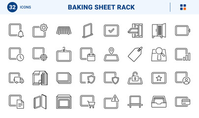 Fototapeta premium Baking Sheet Storage Web Icon Set in Linear Style. Collection of Pan Organizer line icons, including vertical rack, cabinet slot, tray holder, rack trolley, drawer organizer, pan hook and more.