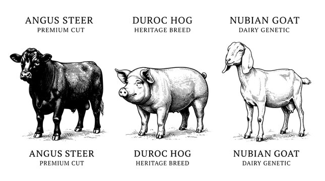 Engraved illustration of angus steer, duroc hog, and nubian goat with labels and details