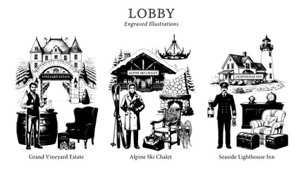 Fototapeta premium Engraved illustrations of three different locations showing vineyard, ski chalet, and lighthouse