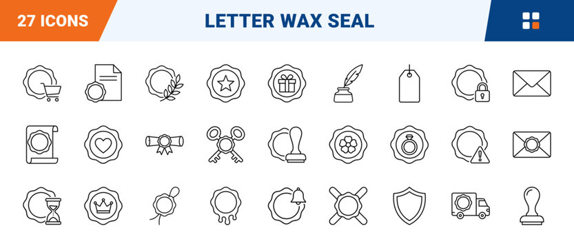 Wax Seal Letter Sealing Web Icon Set in Linear Style. Collection of Envelope Sealing line icons, including wax seal, quill pen, melting spoon, wax stick, stamp handle, letter scroll and more.