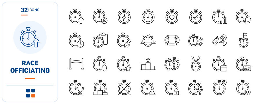 Stopwatch Board Race Officiating Web Icon Set in Linear Style. Collection of Track Timekeeper line icons, including stopwatch board, whistle, finish line, referee clipboard, track oval and more.