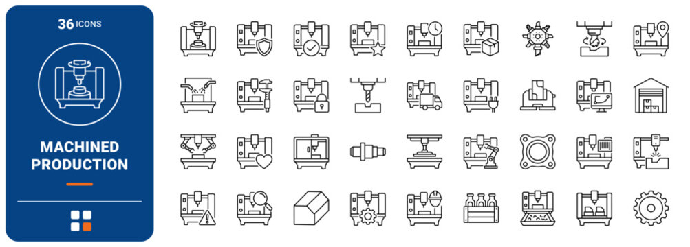 CNC Machine Machined Part Production Web Icon Set in Linear Style. Collection of lathe service line icons, including milling cutter, coolant spray, tool turret, part inspection and more.