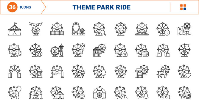 Ferris Wheel Theme Park Web Icon Set in Linear Style. Collection of Amusement Ride line icons, including ferris wheel, ticket booth, entrance arch, observation tower, admission gate and more.