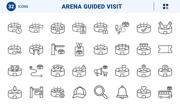 Stadium Tour Web Icon Set in Linear Style. Collection of Arena Guided Visit line icons, including stadium entrance, tour pass, visitor route, tunnel access, scoreboard view, guide badge and more.