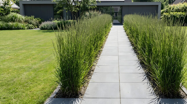 Modern garden path with grey concrete pavers flanked by tall ornamental grass borders. Contemporary landscaping leading to a dark grey house