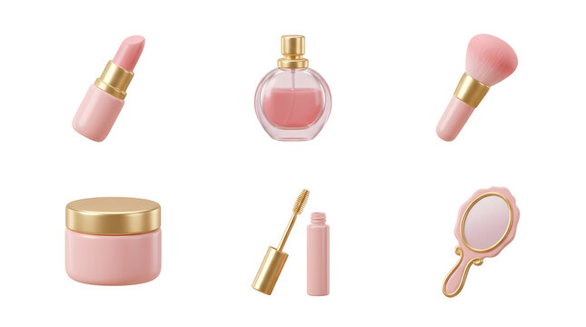 Set of pink makeup beauty and cosmetic product icons isolated on white background, illustration