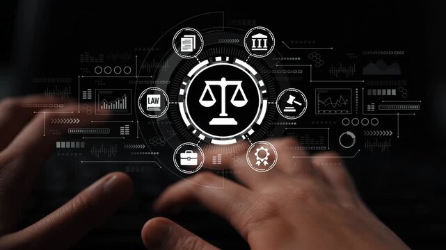 Hands on Keyboard with Digital Interface Featuring Justice Symbol and Legal Icons Representing Law, Justice, and Technology in Modern Society. Entropy.
