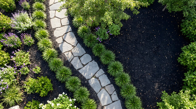 Top view of a winding flagstone garden path bordered by ornamental grass. Overhead landscaping design with dark mulch and flowers