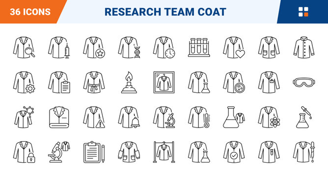 Lab Coat Research Team Web Icon Set in Linear Style. Collection of lab coat study line icons, including lab coat, test tube, microscope, beaker, flask, safety goggle, dna strand and more.
