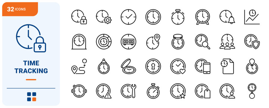 Clock Time Tracking Web Icon Set in Linear Style. Collection of Hour Monitoring line icons, including clock face, location tracking, user profile, coin tag, shield keyhole, check mark and more.