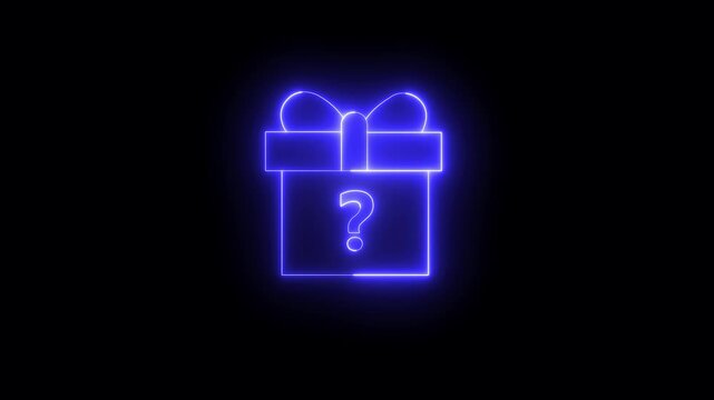  neon gift box tied with a ribbon moves against a dark background. Neon line gift box moving on black background.Glowing neon light gift box icon animation on background.4k video .