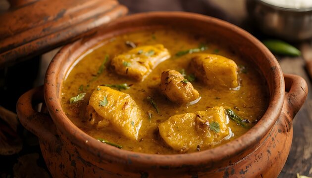 Traditional keralastyle fish curry served in a rustic clay pot, featuring tender fish pieces in a rich, golden coconutbased gravy