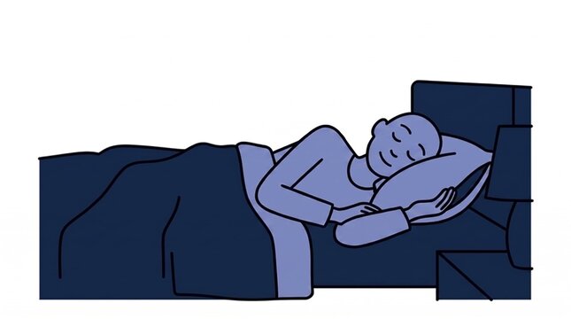 Peaceful bald man sleeping comfortably under dark blue blankets inside bedroom with minimalist flat vector style