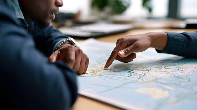 Two people examining a detailed road map spread on a wooden table during a focused planning session