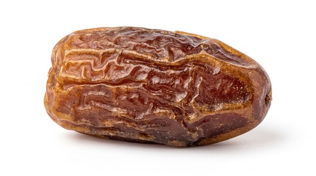 Single organic brown date fruit isolated on pure white background featuring detailed wrinkled skin texture macro