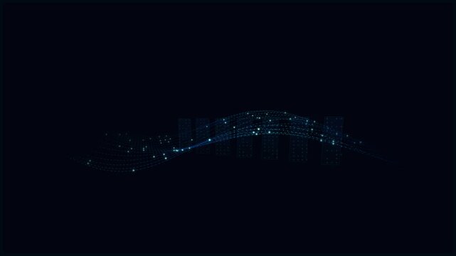 Abstract data flow network with glowing nodes moving over geometric structures film.