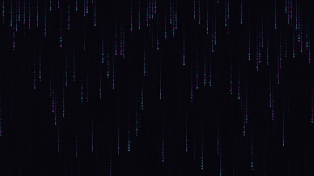 Digital binary code streaming down in purple and cyan neon colors motion background.