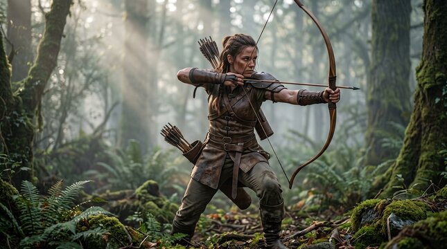 Young female archer in leather armor aiming bow and arrow in lush green forest with sunbeams filtering through mossy trees during morning hunting trip.
