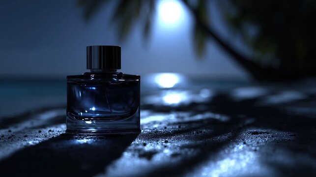Blue Perfume Bottle on a Tropical Night Beach