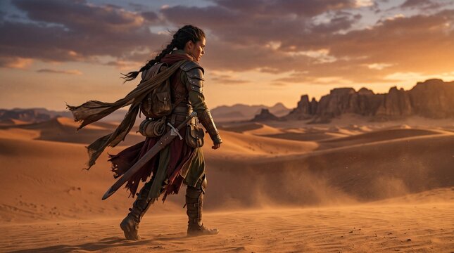 Adventurous female scout trekking through arid desert landscape at sunset carrying backpack and longsword for fantasy storytelling and character design.