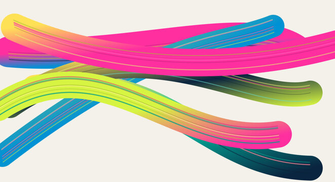 Abstract 3D fluid lines in neon colors, vibrant wavy liquid strokes on light background, modern dynamic vector illustration for creative design