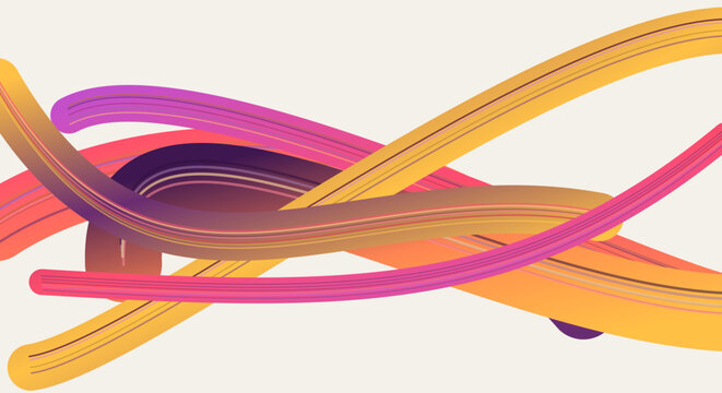 Abstract 3D wave background with flowing lines. Vibrant orange and purple curved ribbons. Modern vector illustration for digital banners.