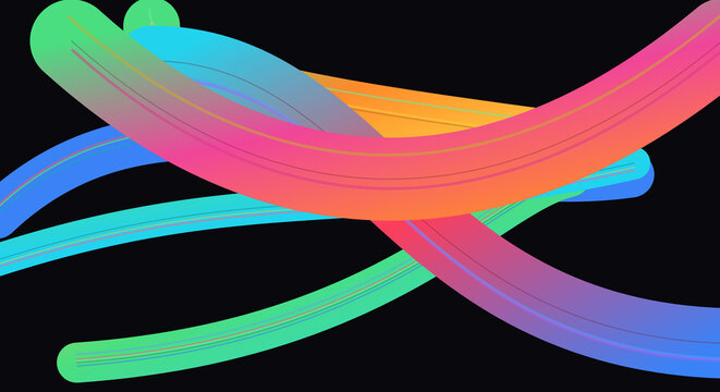 Vibrant neon gradient 3D lines on black background, colorful abstract flowing wave curves, modern digital art wallpaper