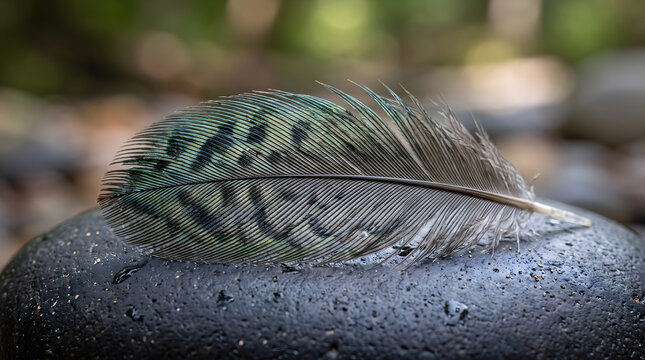 Detailed bird feather with spotted pattern resting on wet black stone nature texture.