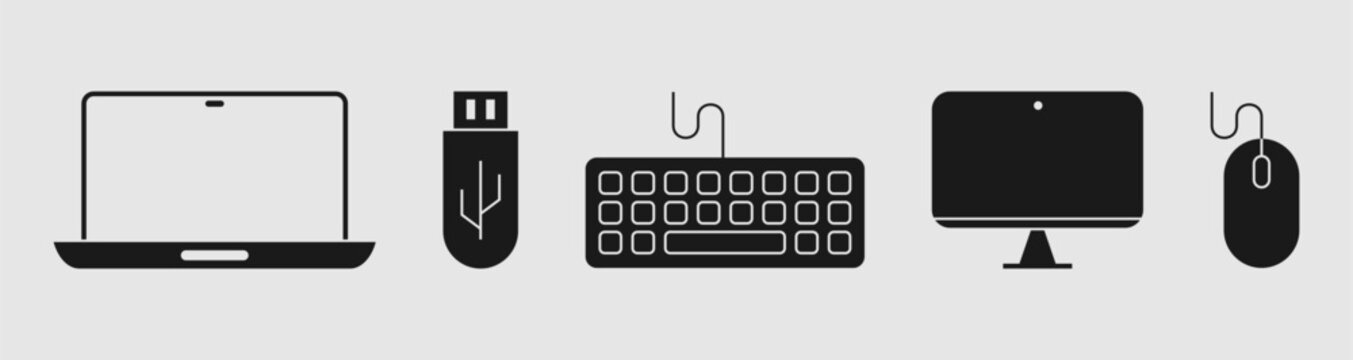 Set of computer hardware accessories vector icons isolated on background, laptop flash drive keyboard monitor and mouse symbols collection for technology design