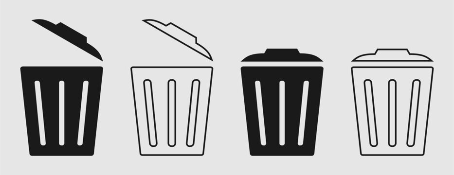 Set of trash can and recycle bin vector icons isolated on background, open and closed garbage delete symbols collection for UI interface design