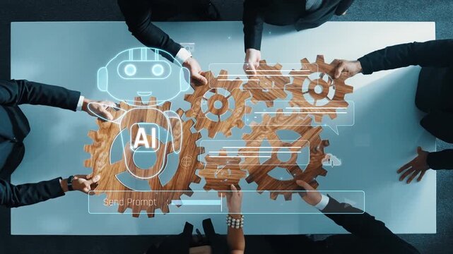 A dynamic scene showcasing diverse business professionals working together on artificial intelligence solutions, incorporating digital gears and innovative technology in a modern workspace. Raster