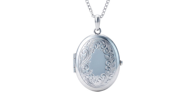 Vintage silver locket necklace with floral engraving, antique oval pendant jewelry, elegant sterling silver keepsake accessory isolated PNG with Transparent Background