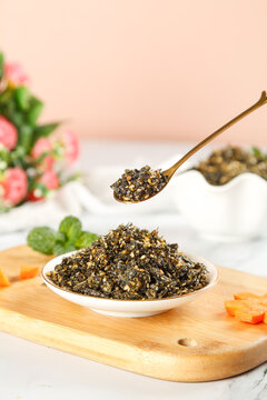 Seaweed Rice Seasoning Mix with Sesame Crumbles on Wooden Board - Japanese Instant Snack Food Ingredient