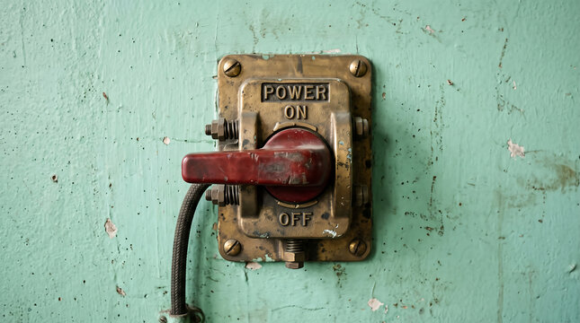 Vintage industrial mechanical toggle switch with brass plate and red lever on grungy green wall