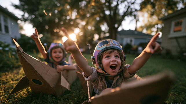 Excited Children Playing Space Adventure in Backyard Lawn