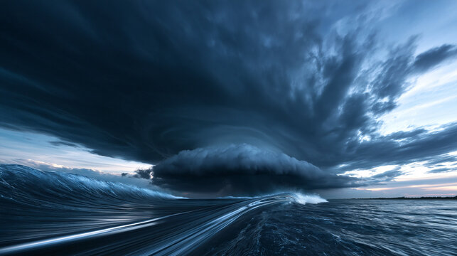 Dramatic Supercell Storm Over Ocean Waves