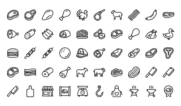 Meat Types and Butcher Line Icon Set Editable Stroke Vector Collection